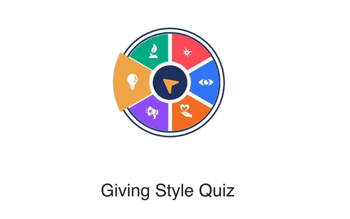 The Giving Style Quiz start page with its giving styles wheel