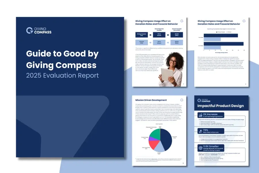 Cover of Guide to Good by Giving Compass, 2025 Evaluation Report, beside four of its pages