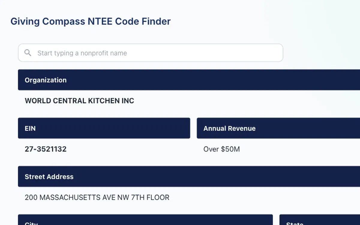 The NTEE Code Finder showing World Central Kitchen, with its EIN, revenue band and address